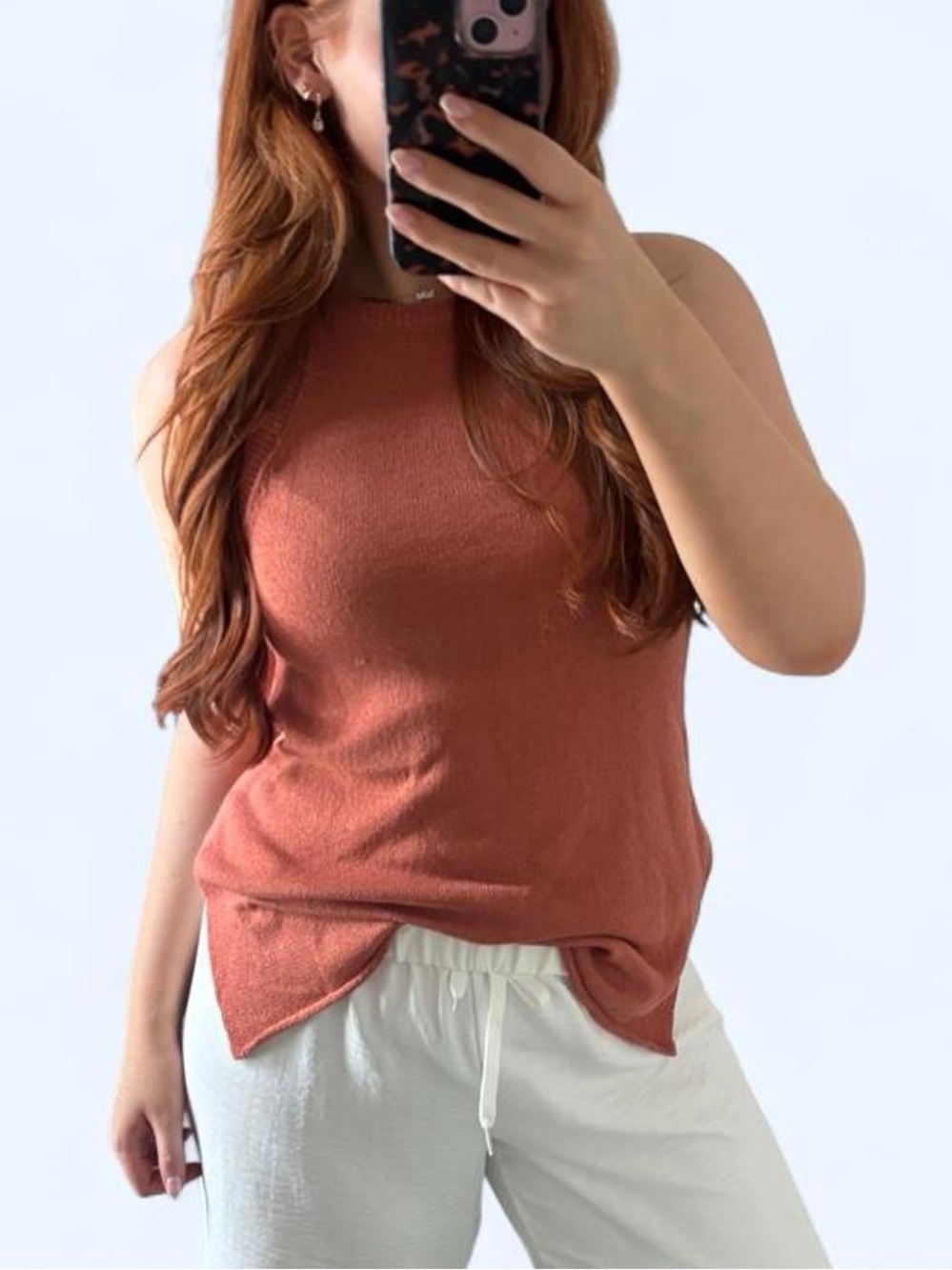 Sleeveless Knit Tank Top - Rust Orange/Brick Red Color